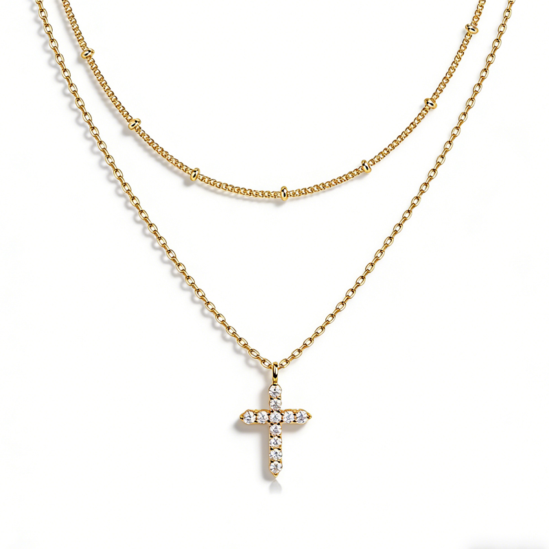 Colorful CZ Cross Necklace – 14K Gold Plated Iced Out Christian Pendant for Wome