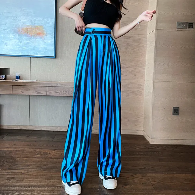 Women's New Vertical Striped Casual Loose Suit Wide Leg Pants Blue Stripes - Shop at LoveMi