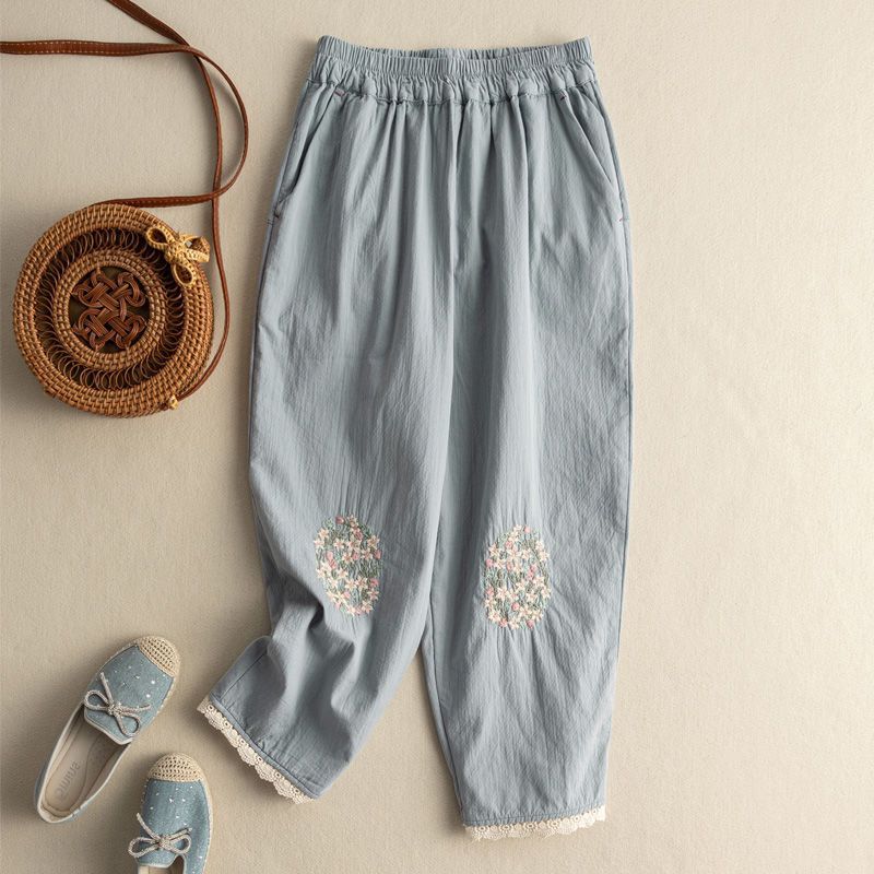 Title 7, Cotton And Hemp Embroidery Casual Pants Female ...