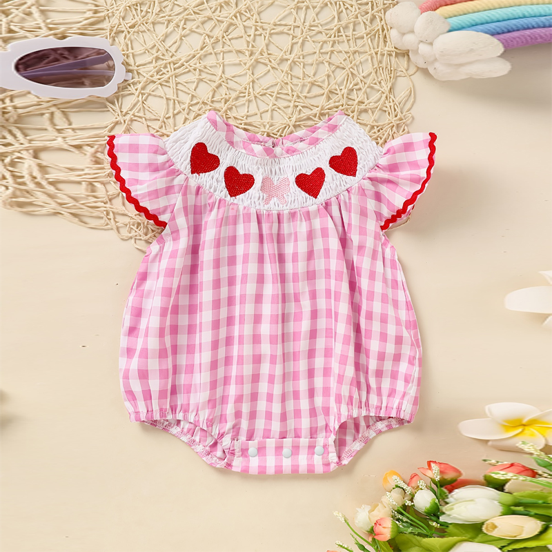 Baby Girl's Short Sleeve Checkered Romper Heart Embroidery & Ruffle Detail With Back Cut-Out And Snap Closure