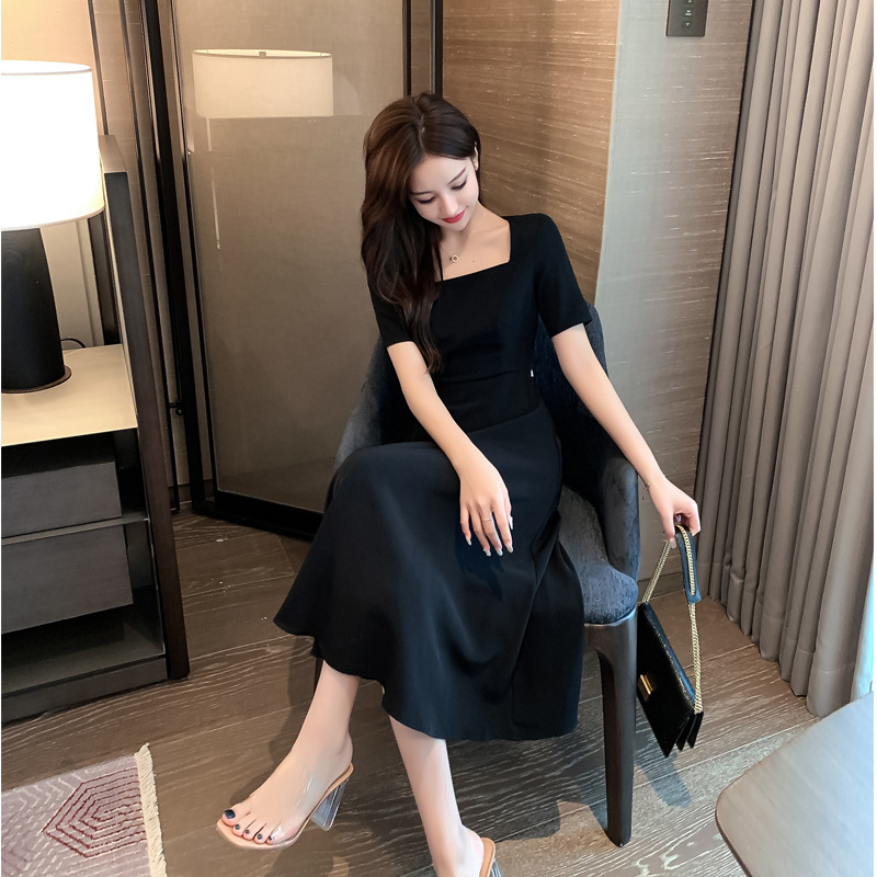 Female Hepburn Little Black Dress Halter Square Collar Long Skirt