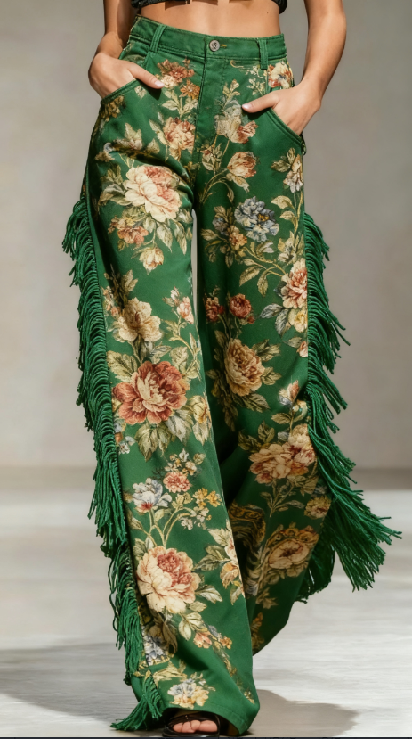 Pantalon large à franges et imprimé floral rétro
