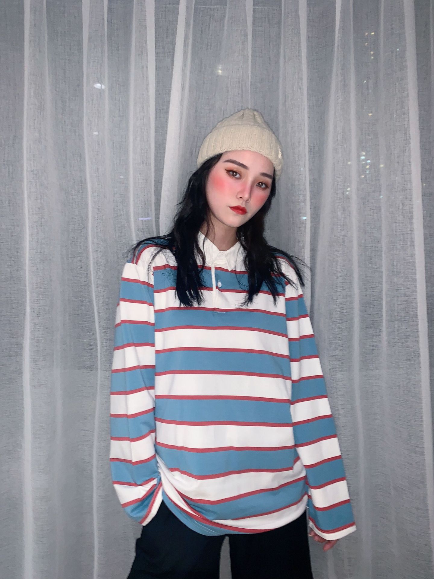 Japanese Retro Lapel Polo Shirt Women Striped Long Sleeves