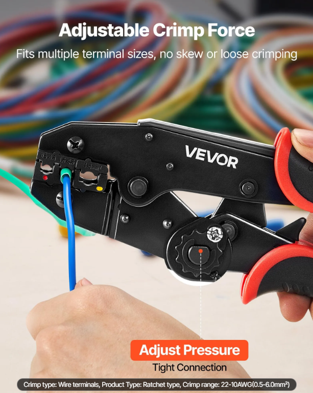 VEVOR Crimping Tool, 22-10 AWG Ratcheting Wire Crimper Tool, Labor-Saving Electrical Terminal Crimp Pliers With Clear Metric & AWG Markings, Quick Release, Adjustable Force For Multiple Terminals 3
