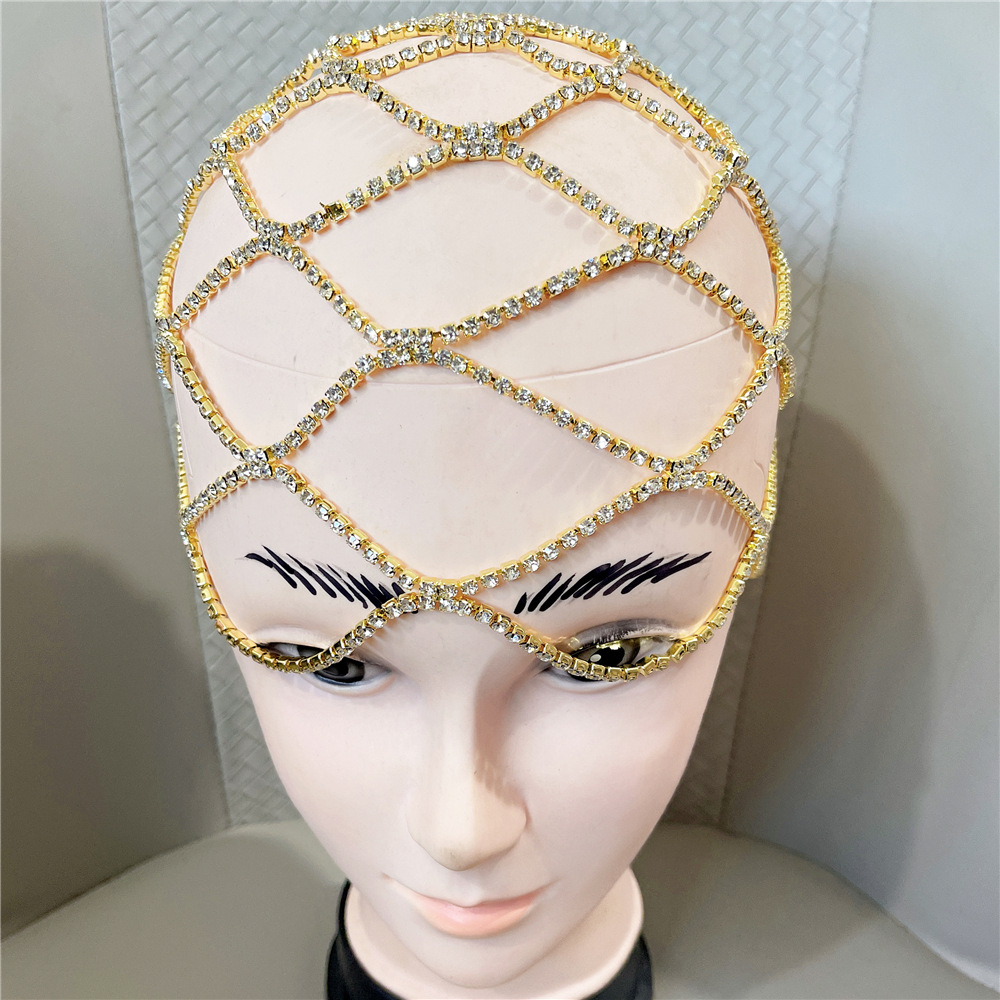 European And American Rhinestone Accessories Fringed Mesh Headdress Gold - Shop at LoveMi