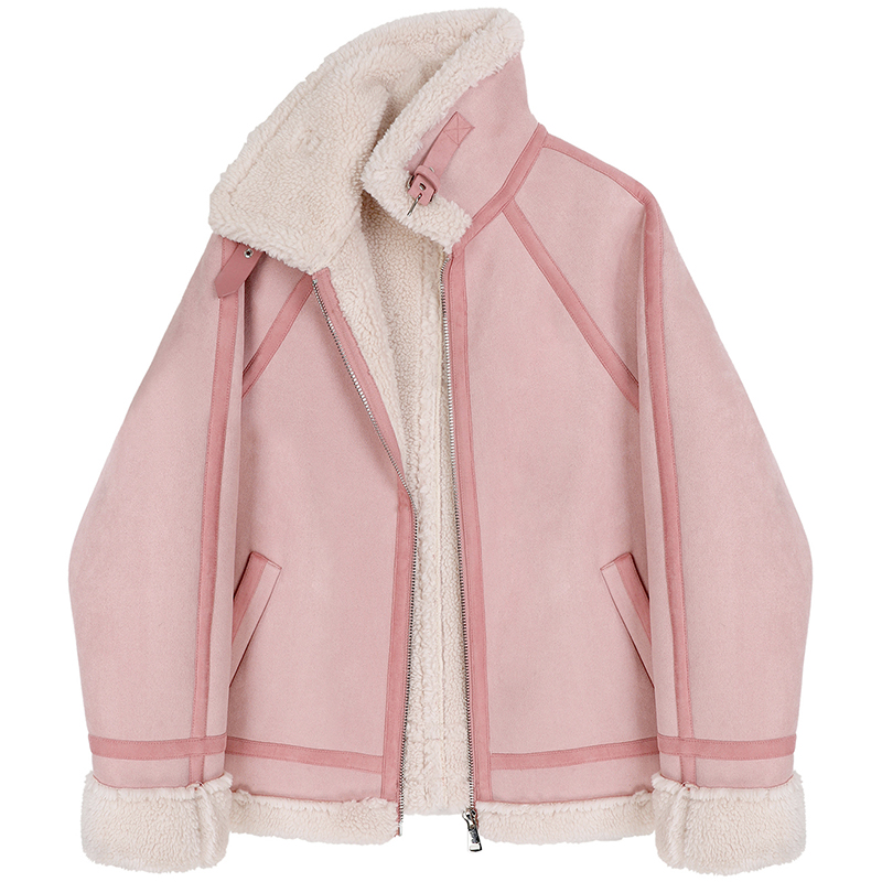 Women's Loose Faux Lamb Wool Motorcycle Jacket Pink - Shop at LoveMi