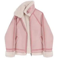 Women's Loose Faux Lamb Wool Motorcycle Jacket - Pink - View 1