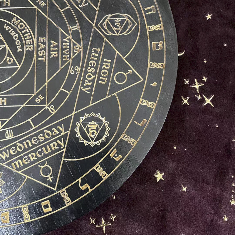Black seven chakra crystal energy disk oak carved astrolabe