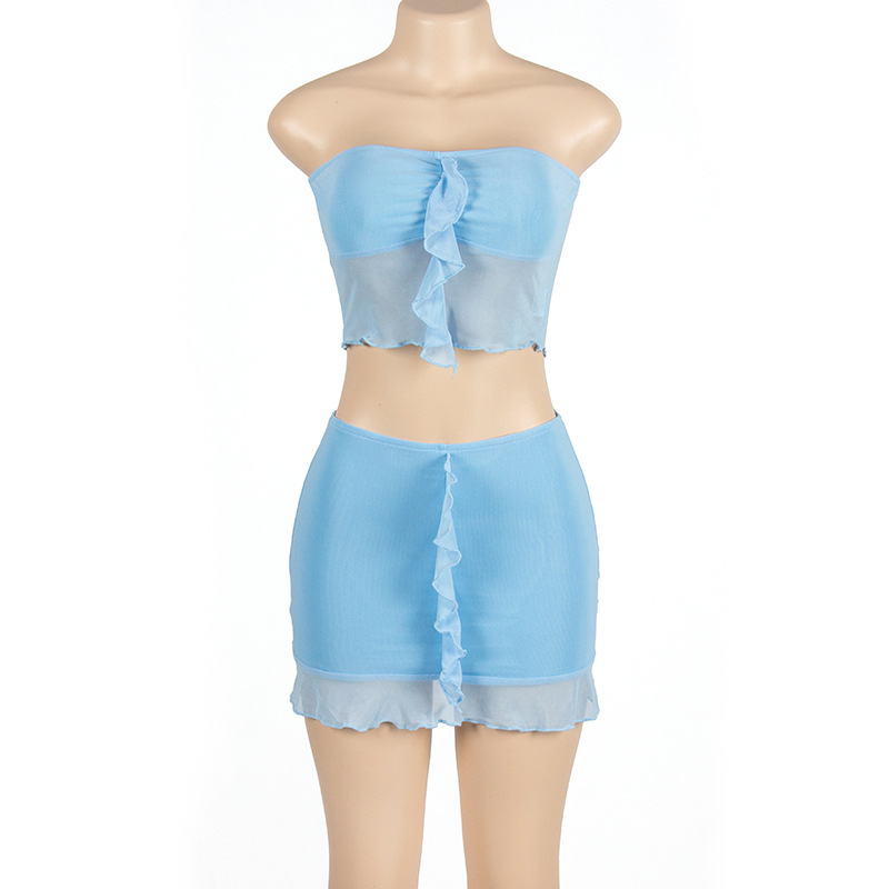 Title 5, Hot Girl Summer Pure Color Mesh Top & rok set, ...