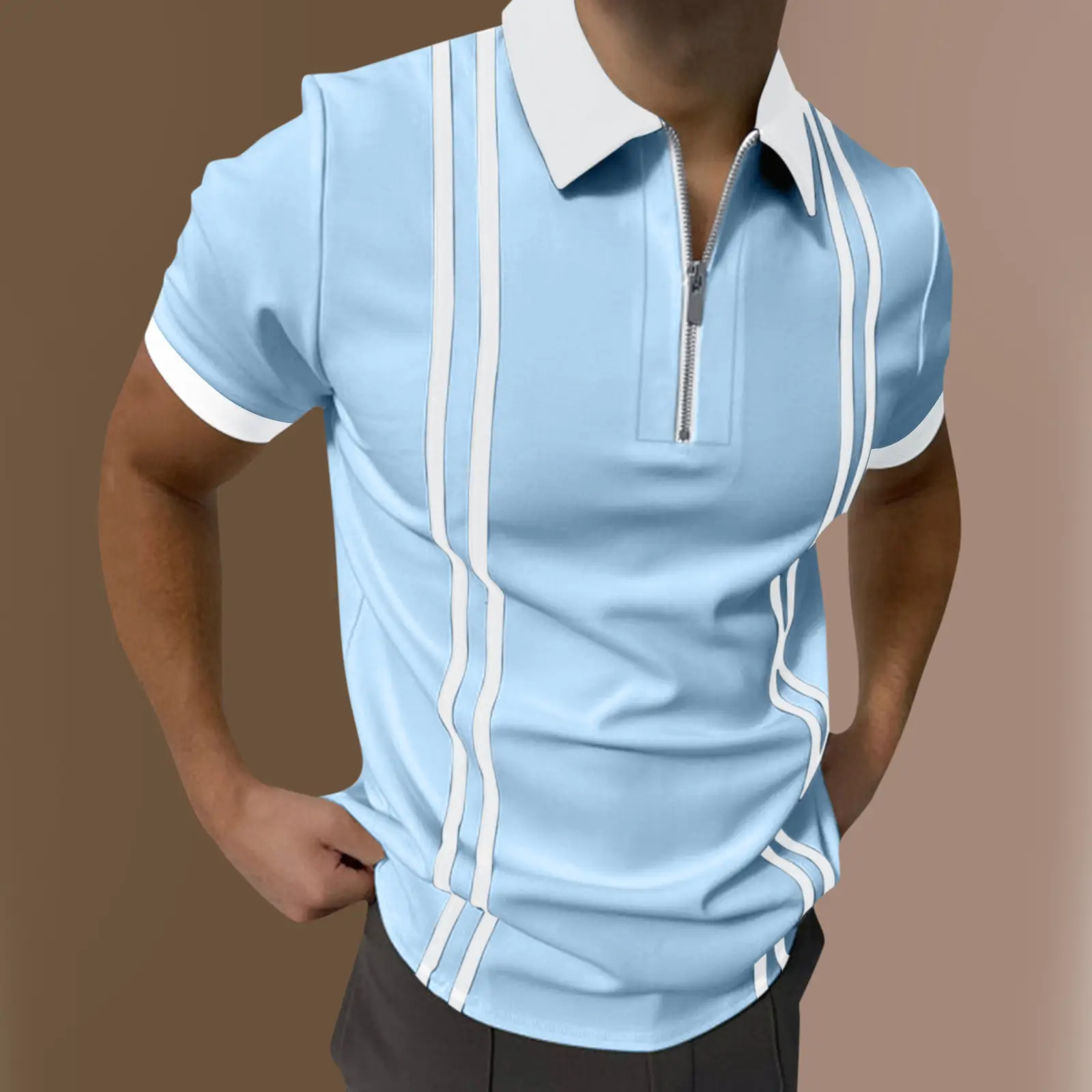Zip Colorblock Striped Short Sleeve Men's Polo Shirt