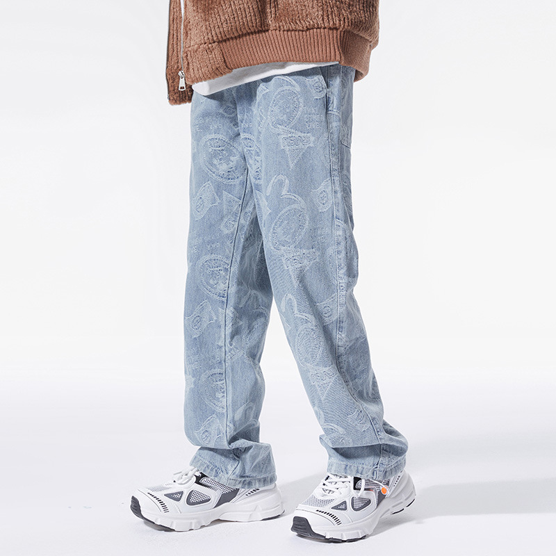American High Street Hip Hop Jacquard Denim Ankle Banded Pants Men