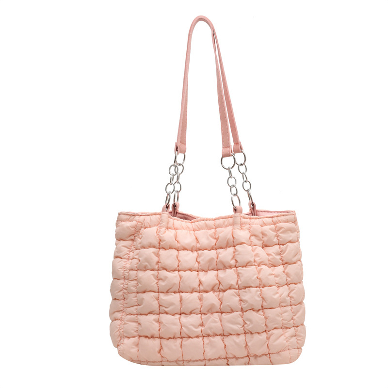 Chain Plaid Down Hanbags Large Capacity Bubble Designer Tote Bag Women's Autumn And Winter Fashion Pleated Armpit Shoulder Bag Pink - Shop at LoveMi
