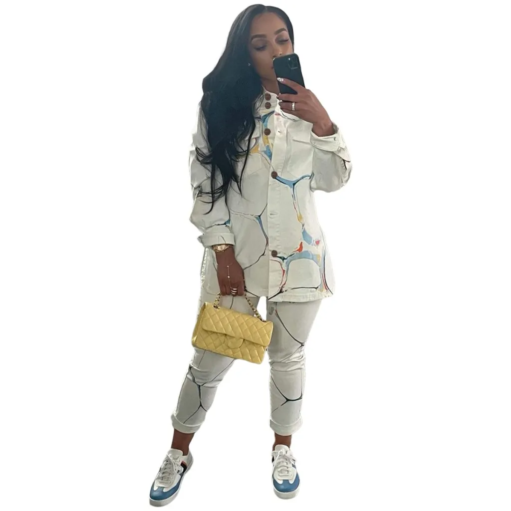Fashion Casual Printing Shirt Collar Coat Two-piece Set - White
