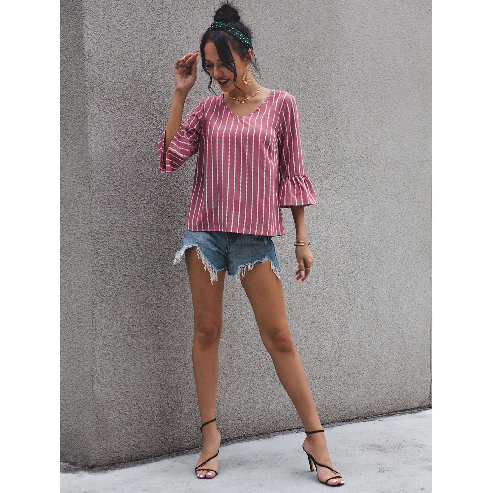 Top Women's Fashion V-neck Striped T-shirt