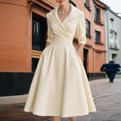 Women's Elegant Solid Cross V-Neck Midi Dress With Flared Skirt And Pockets Spring Summer Formal Dress - Apricot - View 1