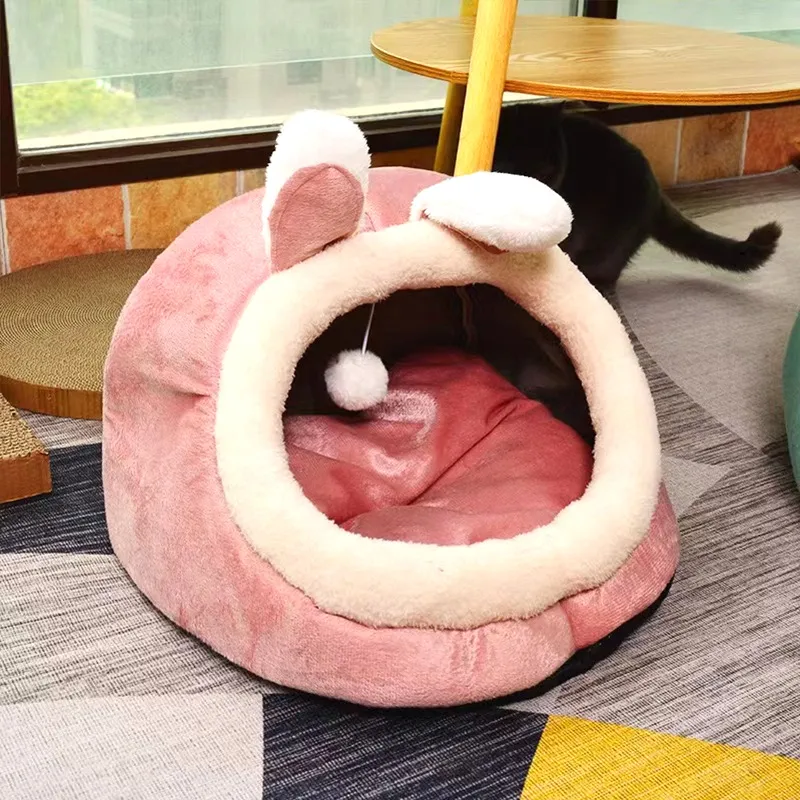 Dog Cat Bed All Season All-purpose Pet Nest Semi Closed For Warmth In Autumn And Winter - Pink Rabbit