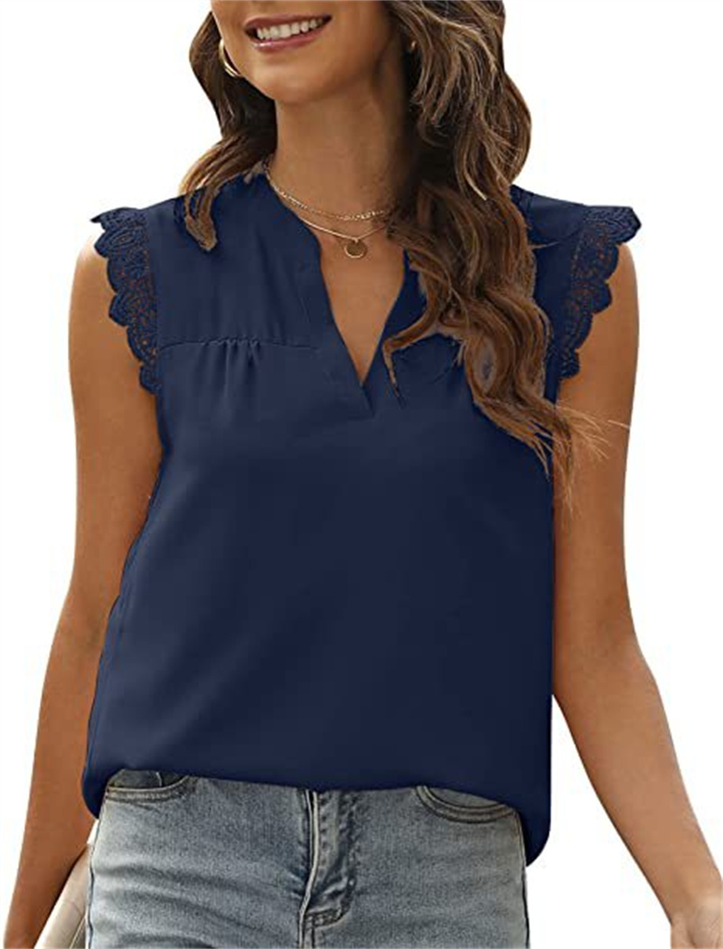 Women's Sleeveless Solid Chiffon Loose V-Neck Lace Shirt