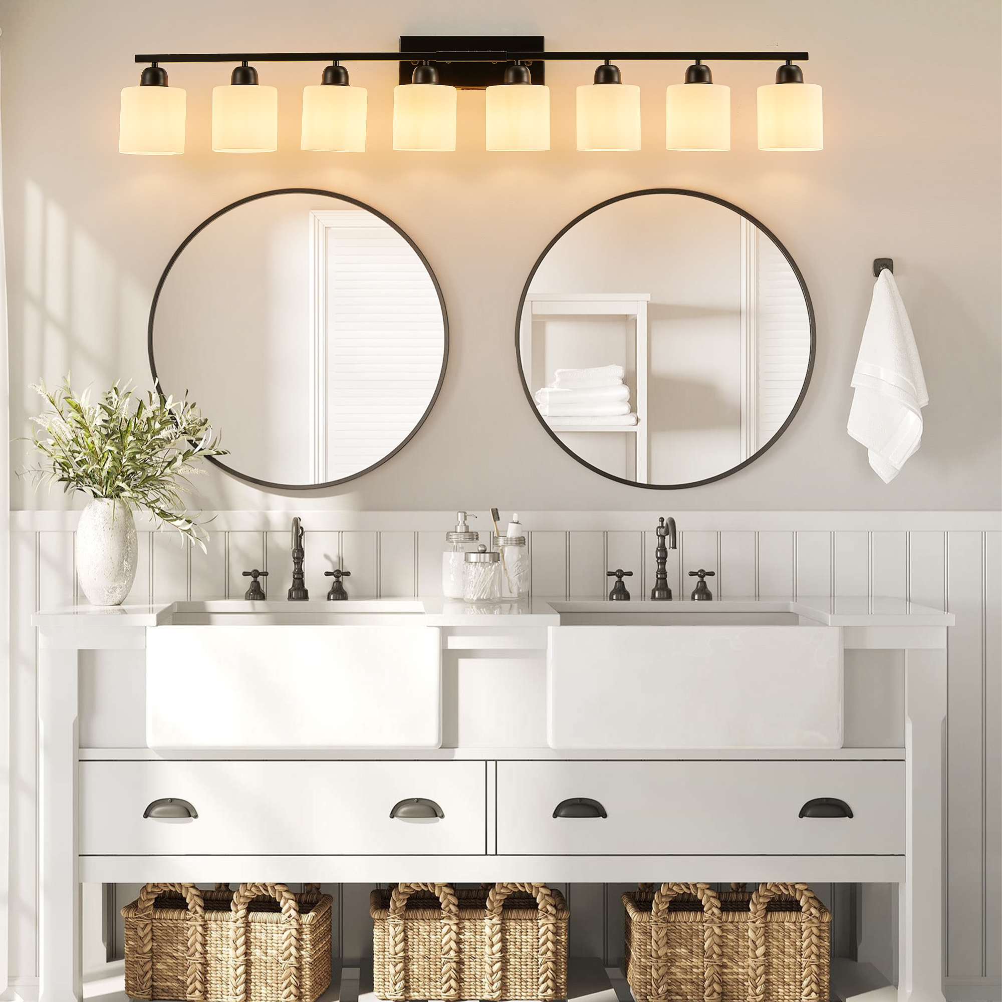 8-Light Bathroom Light Fixtures Over Mirror, 52inch Modern Matte Black Vanity Lights With White Frosted Glass Shade, Bathroom Wall Lamp Sconces For Mirror Bedroom, Living Room Hallway