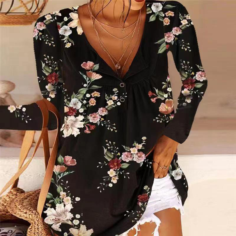 Title 5, New Printed V-neck Button Long-sleeved Blouse T...