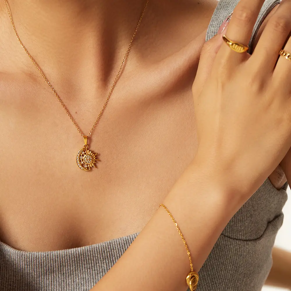 Stainless Steel Diamond Too Bright Moon Pendant Necklace