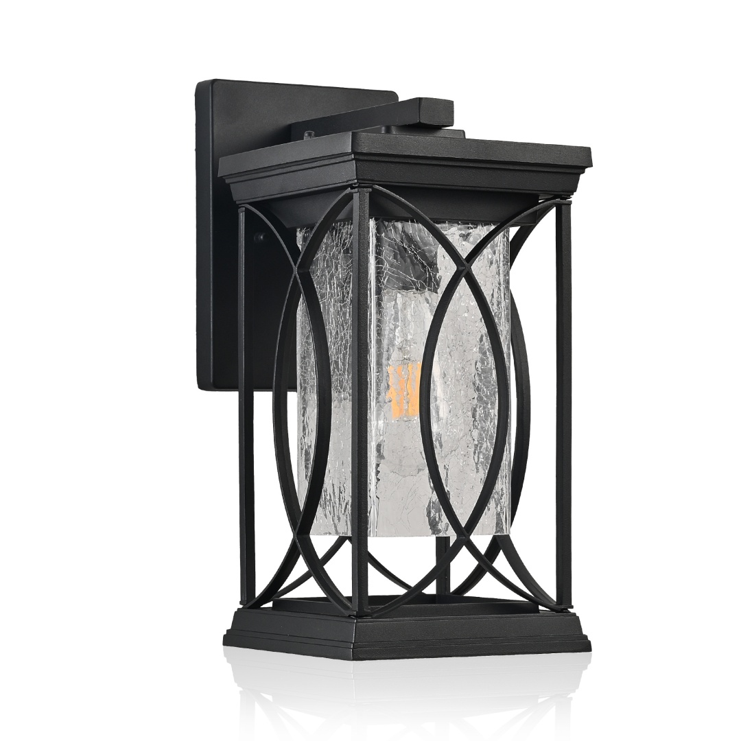 14in H 1-pack Black Outdoor Wall Lantern With Crackled Glass, Weather-Resistant Exterior Light Fixture For Porch, Patio, And Entryway, Modern Decorative Wall Sconce With E26 Base  Bulb Not Included