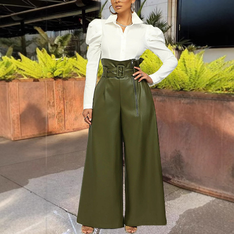 Women's Fashion High Waisted PU Wide Leg Pants, Solid Color Metal Belt Detail Trousers With Pockets Army Green - Shop at LoveMi