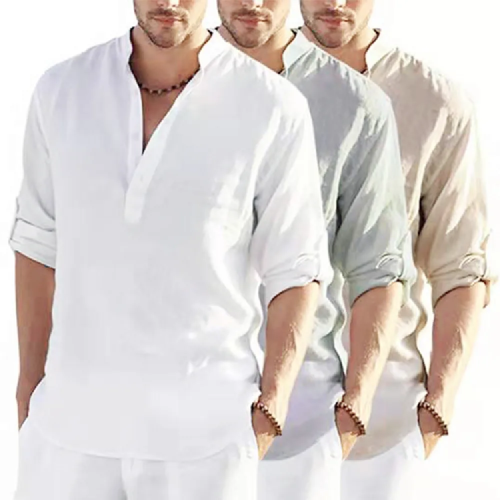 Men's Casual Cotton Linen Solid Color Long Sleeve Shirt