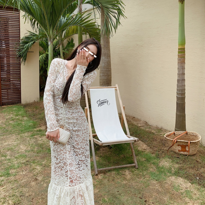 Lace V-Neck Long-Sleeve Dress