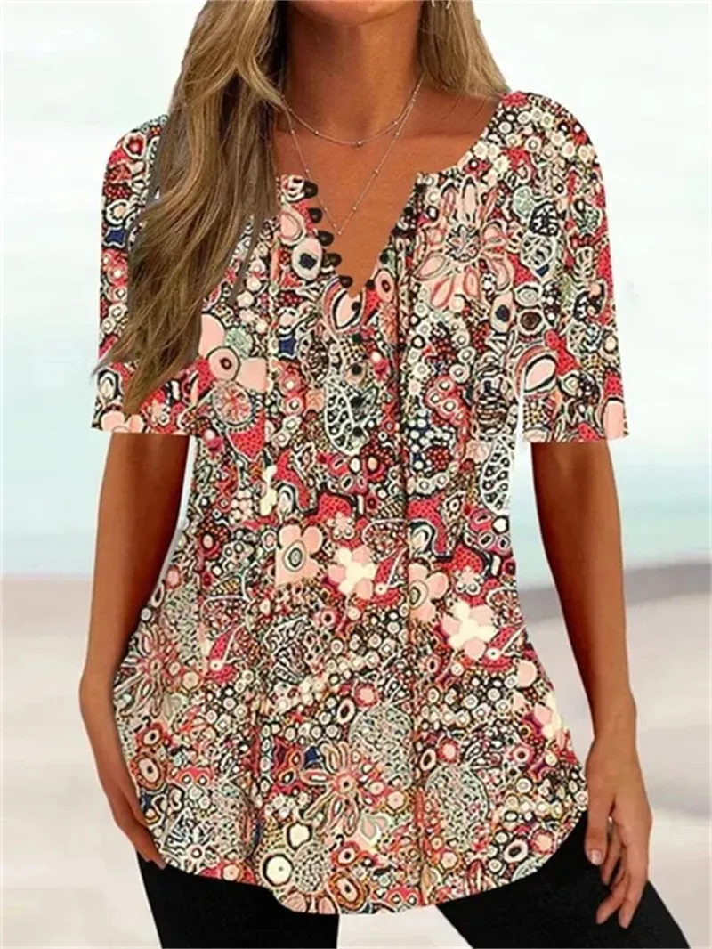 Loose Fitting V Neck Pullover Short Sleeve T Shirt - Color4-L