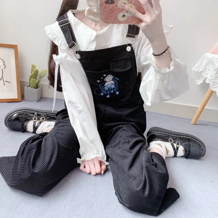 Korean Student Girl Corduroy Overalls Shopping Cart Embroidery Straight Leg Casual Trousers Women - Black