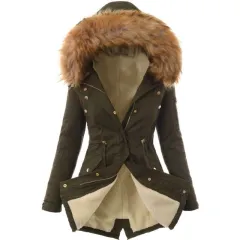 Pure Colour Hooded Slim Warm Zipper Jacket Women Padded Coat - Army Green - View 1