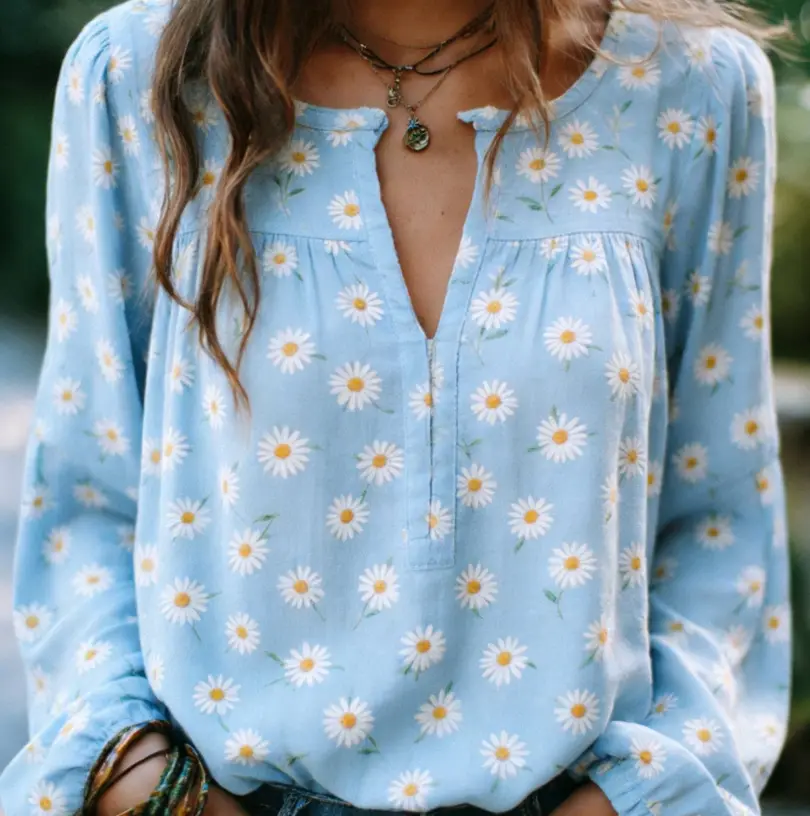 Printed Half-open Puff Sleeve Loose Chiffon Blouse