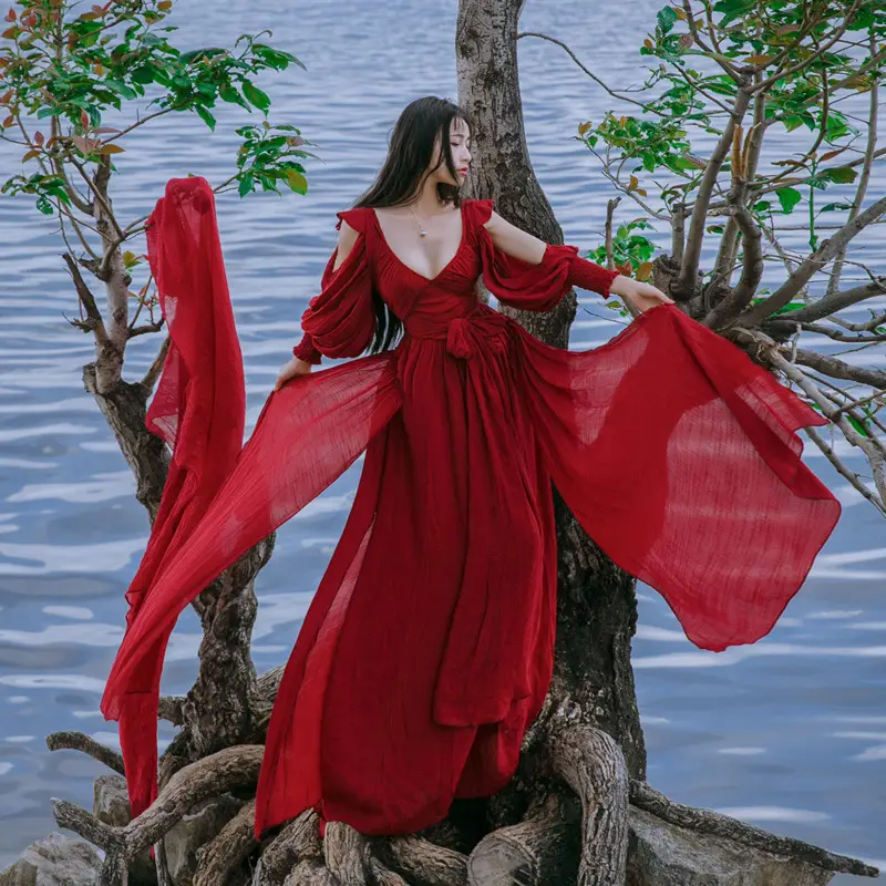 Long Linen Strapless Super Fairy Big Swing Retro Wine Red Beach Dress