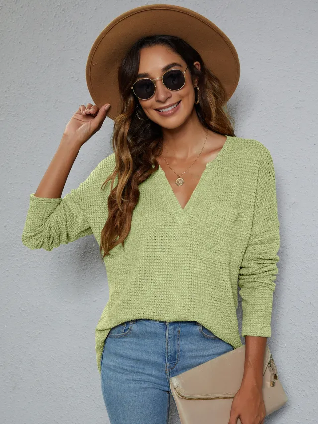 New Style Slit Front Short Back Long Casual V neck Long sleeved Knitted Sweater Women Fluorescent Color - Shop at LoveMi