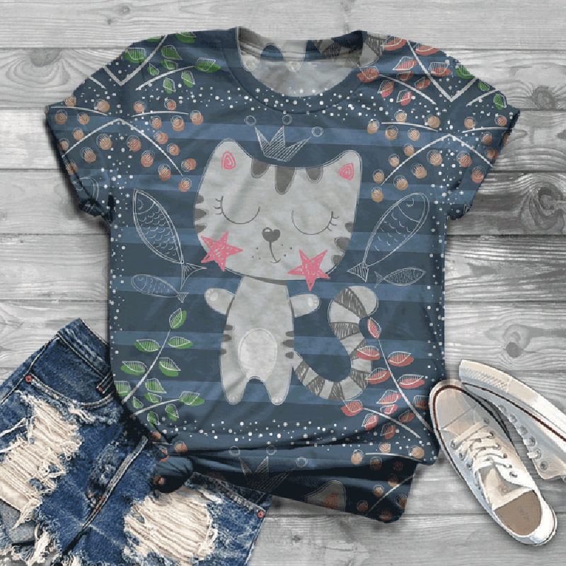 Title 9, Fashion Digital Cat Print Female T Short Sleeve