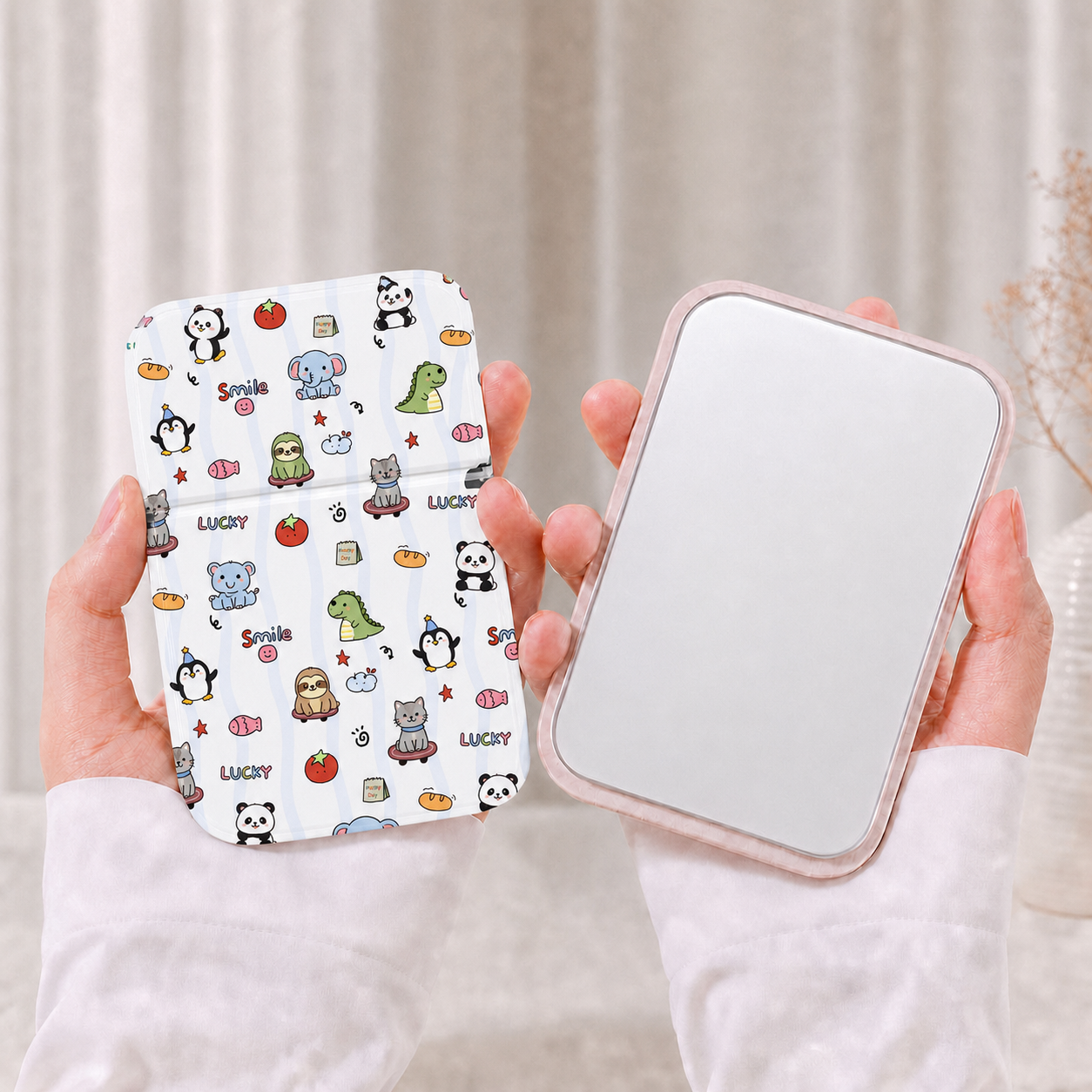Cute Cartoon Animal Print Folding Compact Mirror, PU Leather Standable Pocket Makeup Mirror, Portable Travel Cosmetic Mirror For Kids Girls Gift Wholesale Custom