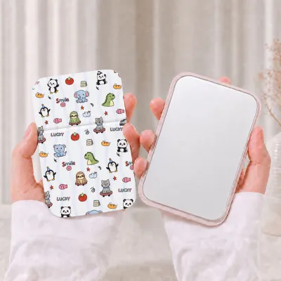 Cute Cartoon Animal Print Folding Compact Mirror, PU Leather Standable Pocket Makeup Mirror, Portable Travel Cosmetic Mirror For Kids Girls Gift Wholesale Custom
