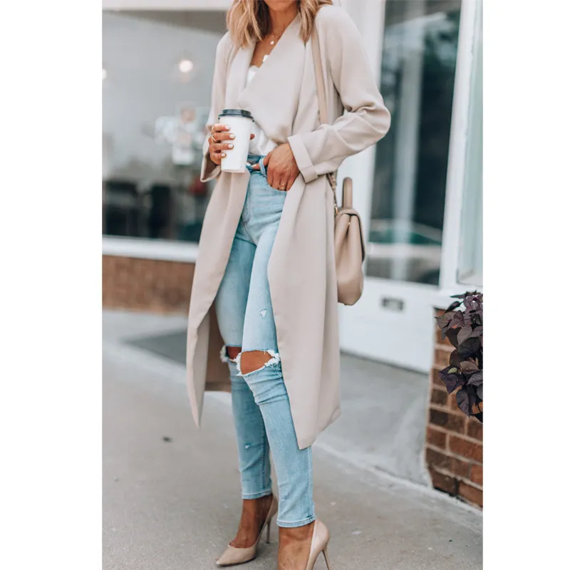 Lapel Solid Color Mid-length Casual Windbreaker Women's Clothing - Light Khaki