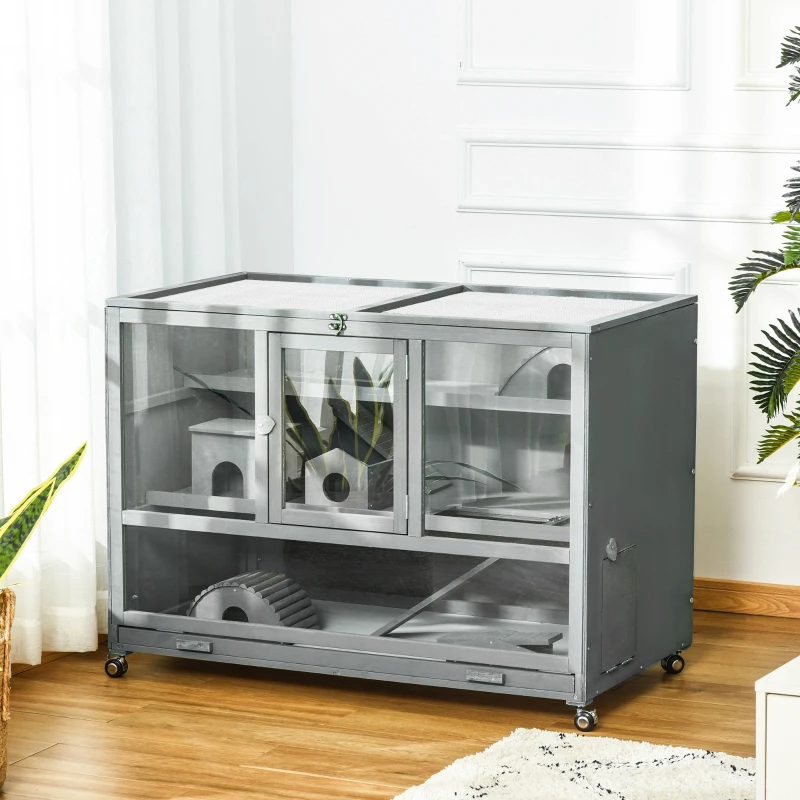 PawHut Wooden 3-Tier Hamster Cage Hutch Box With Ladder Wheels For Small Animals, Dark Gray