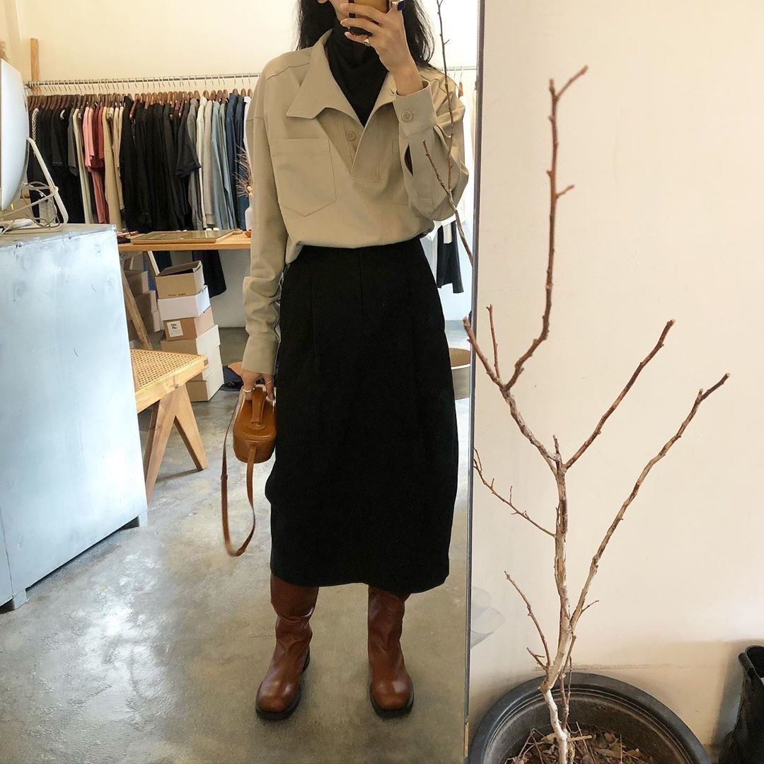 Solid Color Long-sleeved Shirt With Stand Collar Diagonal Button