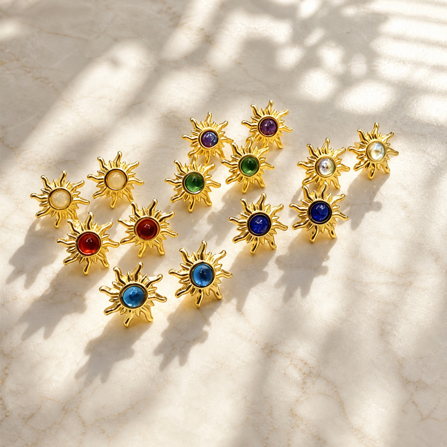 Women Vintage Sun Stud Earrings Multi Color Inlaid Crystal Stone Gold Tone Stainless Steel Bohemian Retro Sun Shape Ear Jewelry Daily Party Gift For L