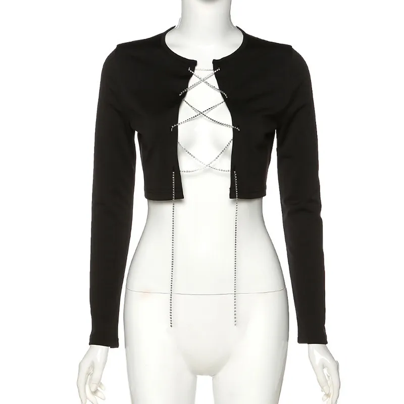 Women's Crew Neck Long Sleeve Tie Crop Slim Fit T-Shirt - Black