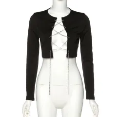 Women's Crew Neck Long Sleeve Tie Crop Slim Fit T-Shirt - Black - View 1