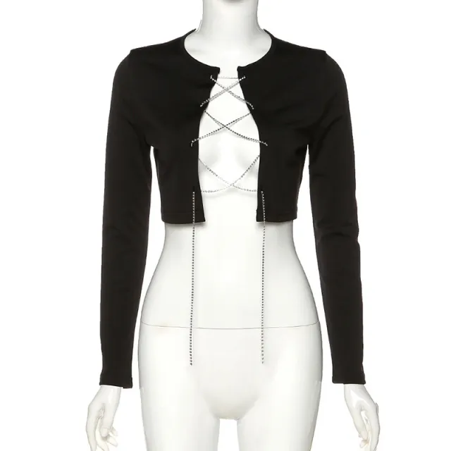 Women's Crew Neck Long Sleeve Tie Crop Slim Fit T Shirt Black - Shop at LoveMi