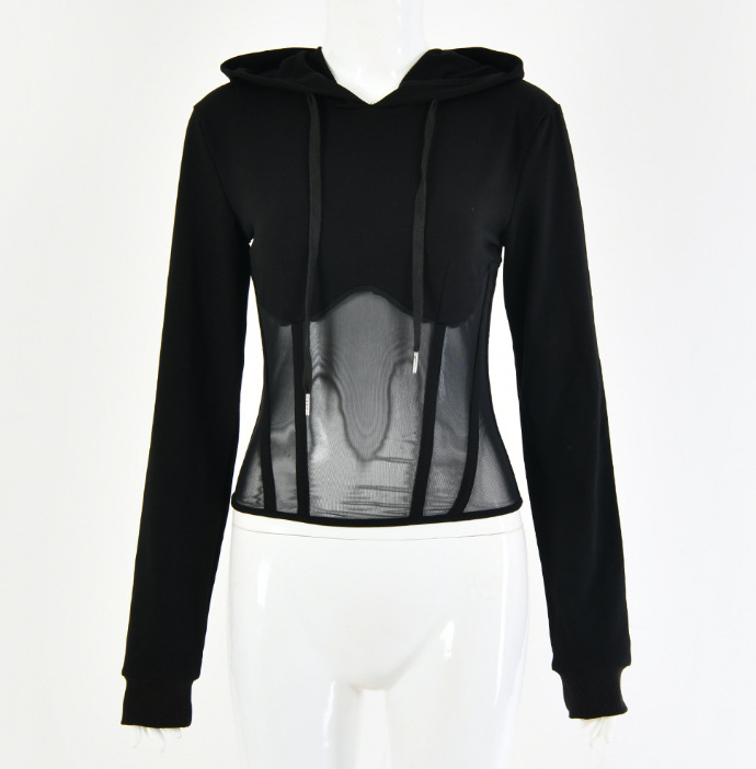 Title 3, Sexy mesh see-through stitching zipper hoodie