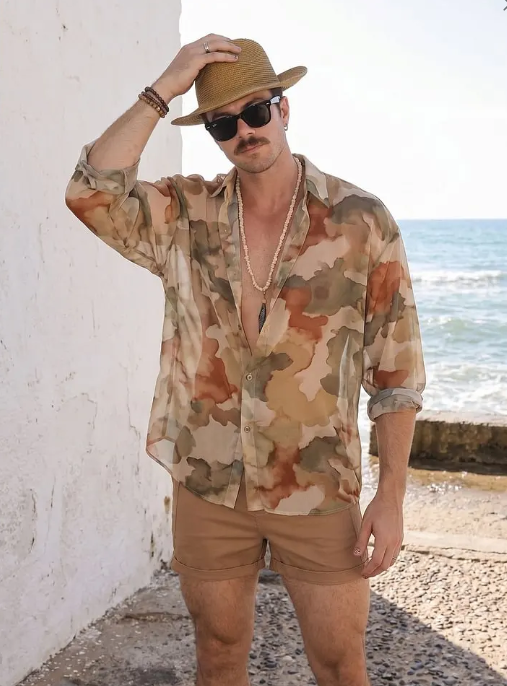 Watercolor Camouflage Print Sheer Oversized Shirt
