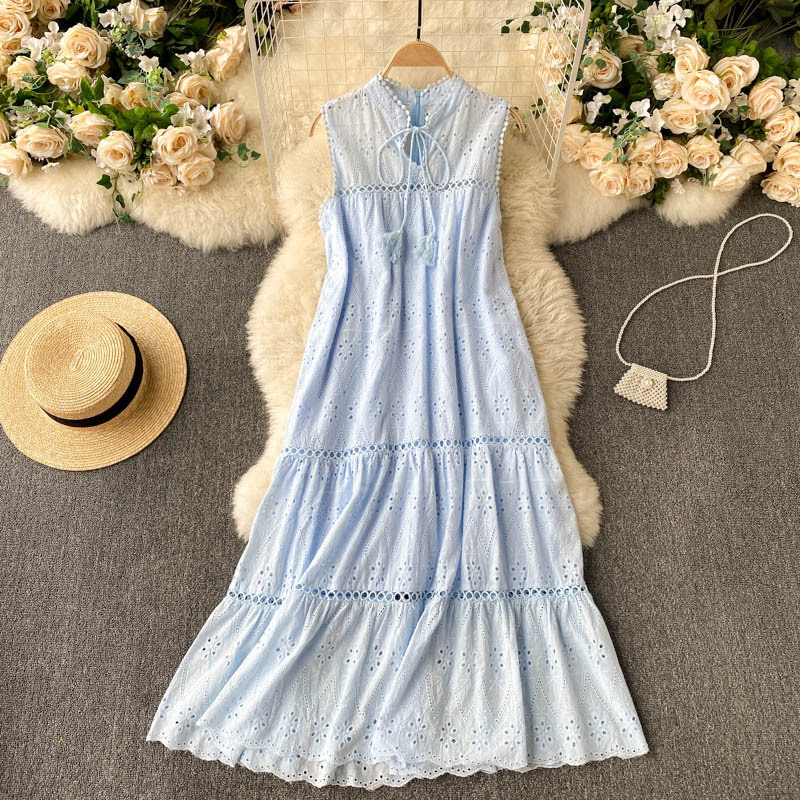 Niche Hollow A Line Long Holiday Skirt Sleeveless Vest Skirt