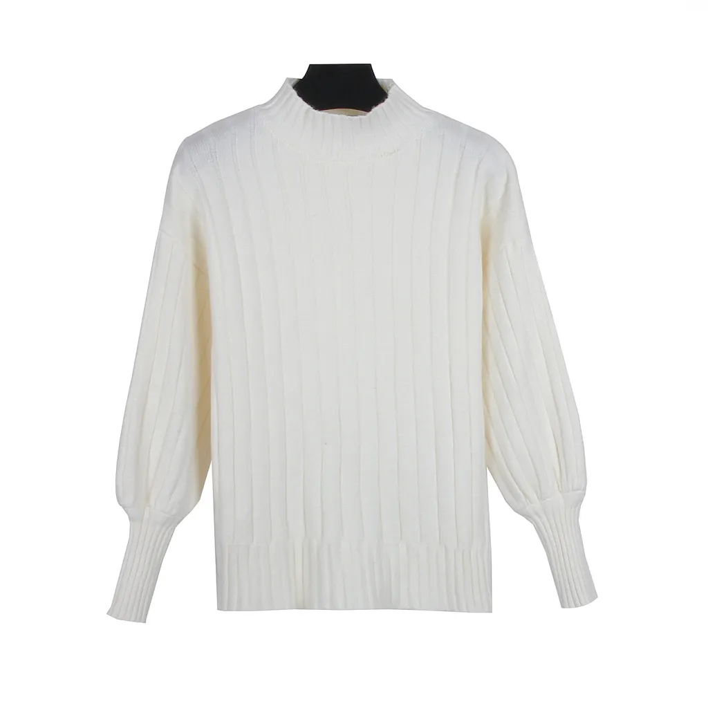 Fashion Casual Top Half High Collar Lantern Sleeve Pit Stripe Sweater - White