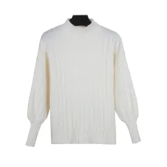 Fashion Casual Top Half High Collar Lantern Sleeve Pit Stripe Sweater - White - View 1
