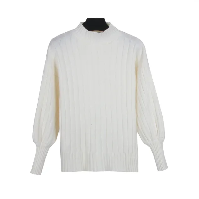 Fashion Casual Top Half High Collar Lantern Sleeve Pit Stripe Sweater White - Shop at LoveMi